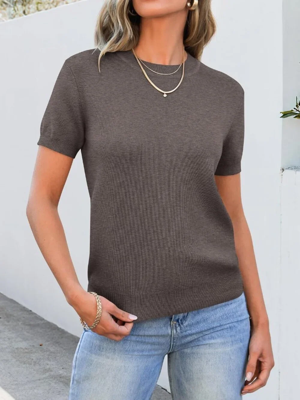 Women's Coffee Wool Blend Crew Neck Short Sleeve Casual Pull On Sweater